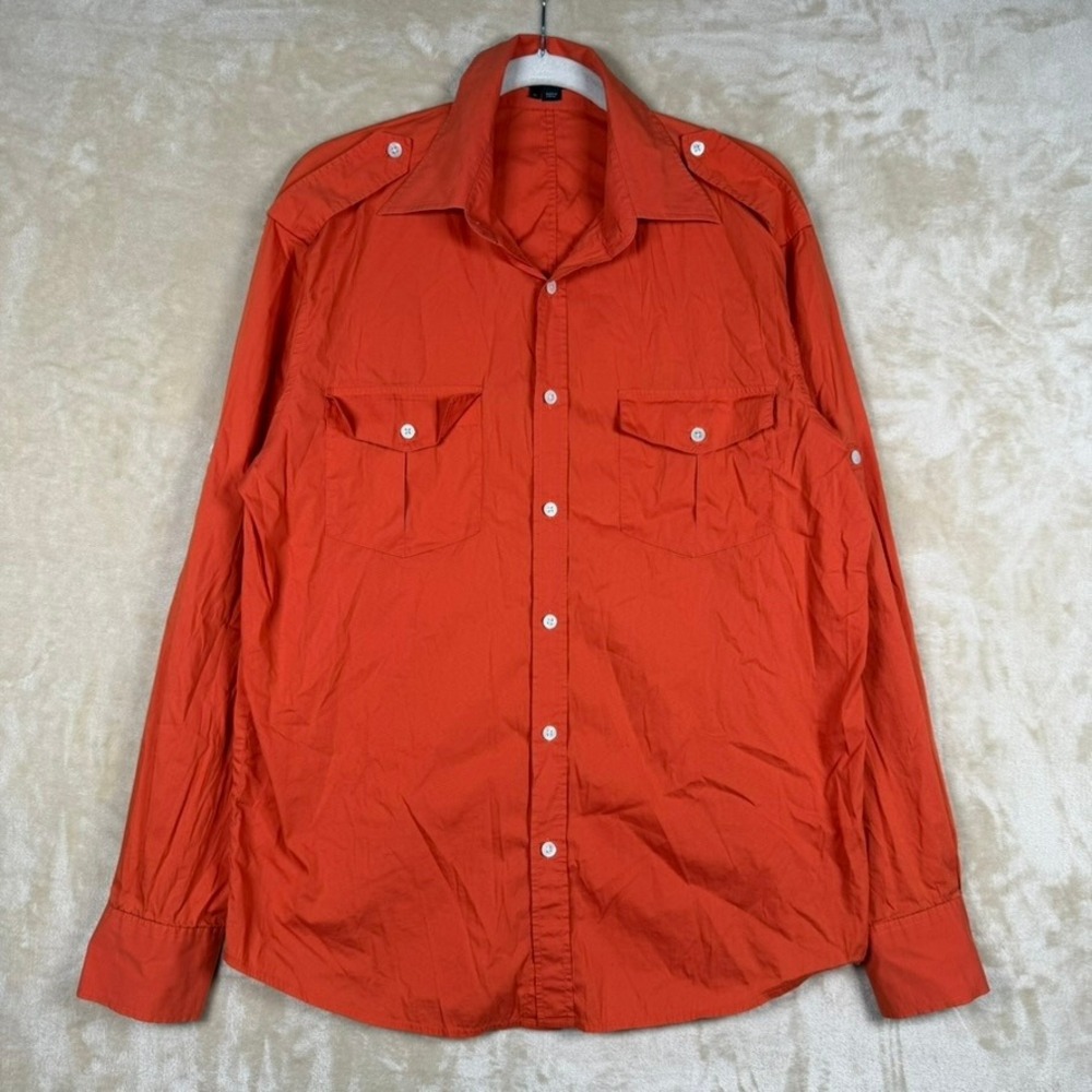 Theory Mens M Orange Military Button Down Shirt Epaulettes Utilitarian Gorpcore